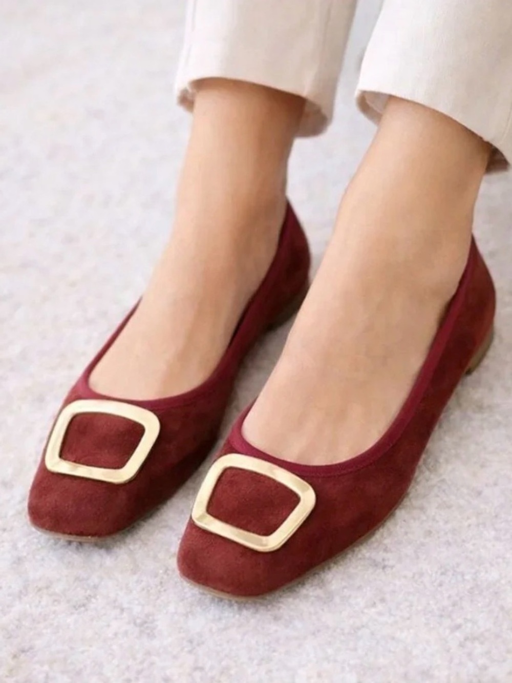 Avellini Burgundy Suede Square Toe Flats Gold Accent Minimal Chic Ballet Flats